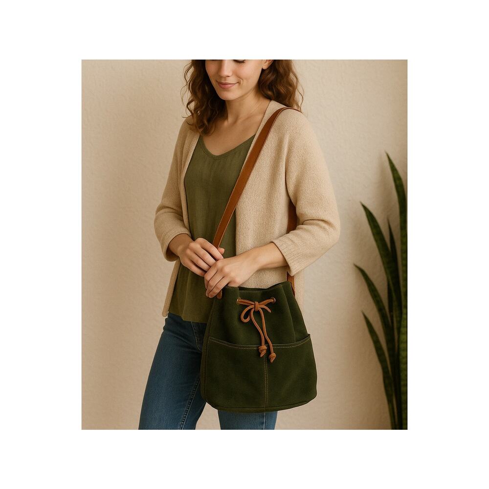 Olive Green Drawstring Bucket Bag with Tan Strap
